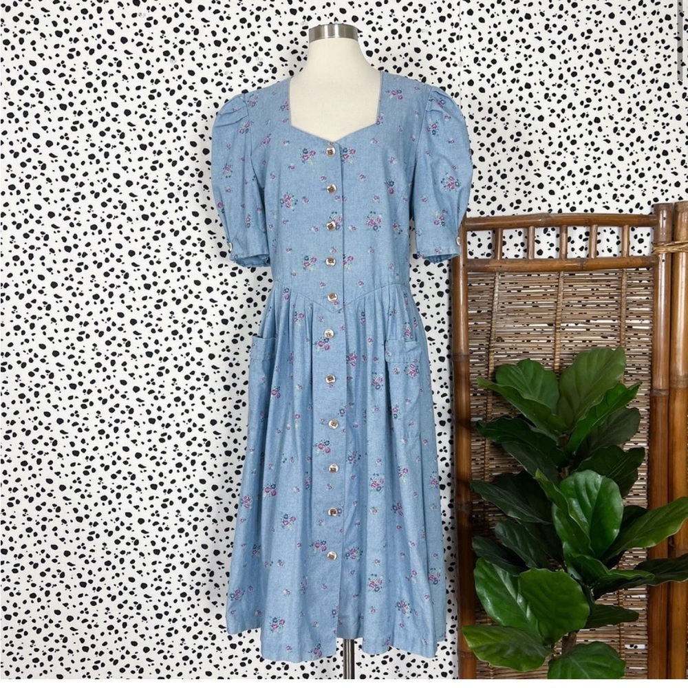 Vintage German Hammerschmid Chambray Denim Blue Dirndl Puff Sleeve Button Dress